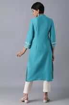 W Women Teal Floral Print Cotton Straight Kurta