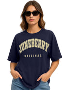 Juneberry Navy Blue & Beige Oversized Drop Shoulders Brand Logo Typography Print Round-Neck Relaxed Fit T-Shirt For Women (Jb_Os