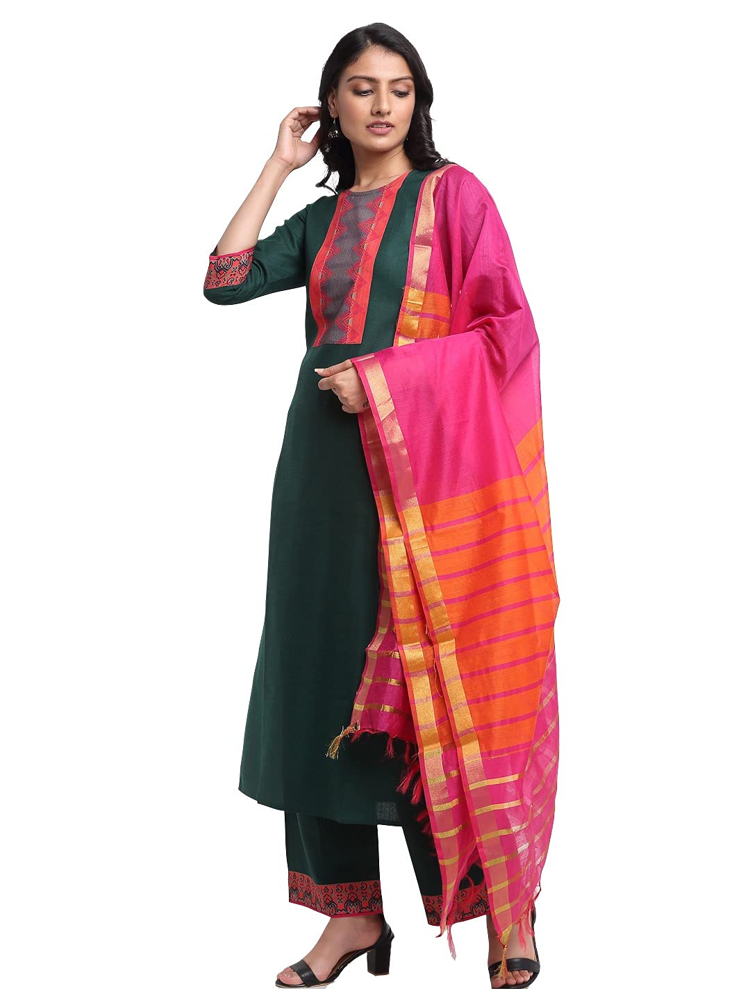 ANNI DESIGNER Womens Cotton Printed Straight Kurta with Palazzo & Dupatta (ANUPMA Green_M_Green_Medium)