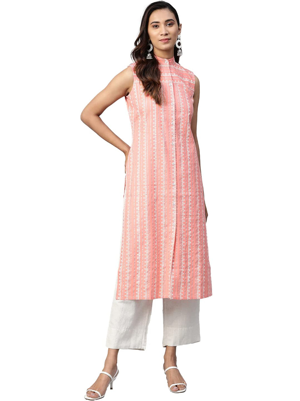 See Designs Women Peach & Off-White Khari Print Cotton Regular Fit Straight Kurta (Xl)