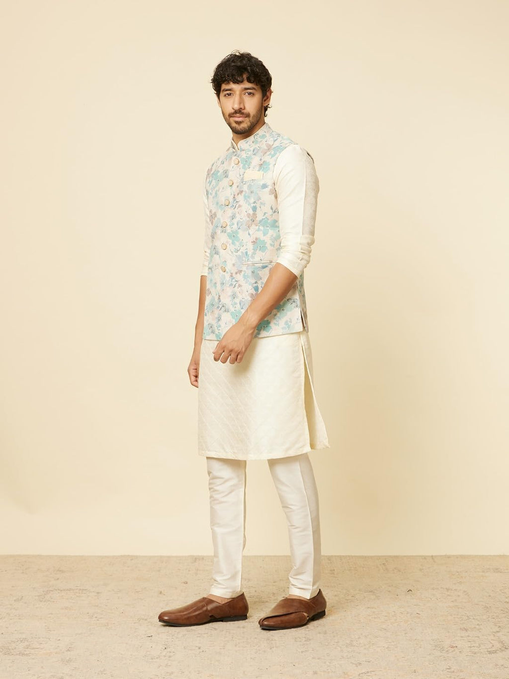 Manyavar Mens Green Blended Linen Printed Jackets