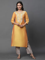 Aurelia Women Mustard Yellow Solid Solid Viscose Poly Straight Kurta