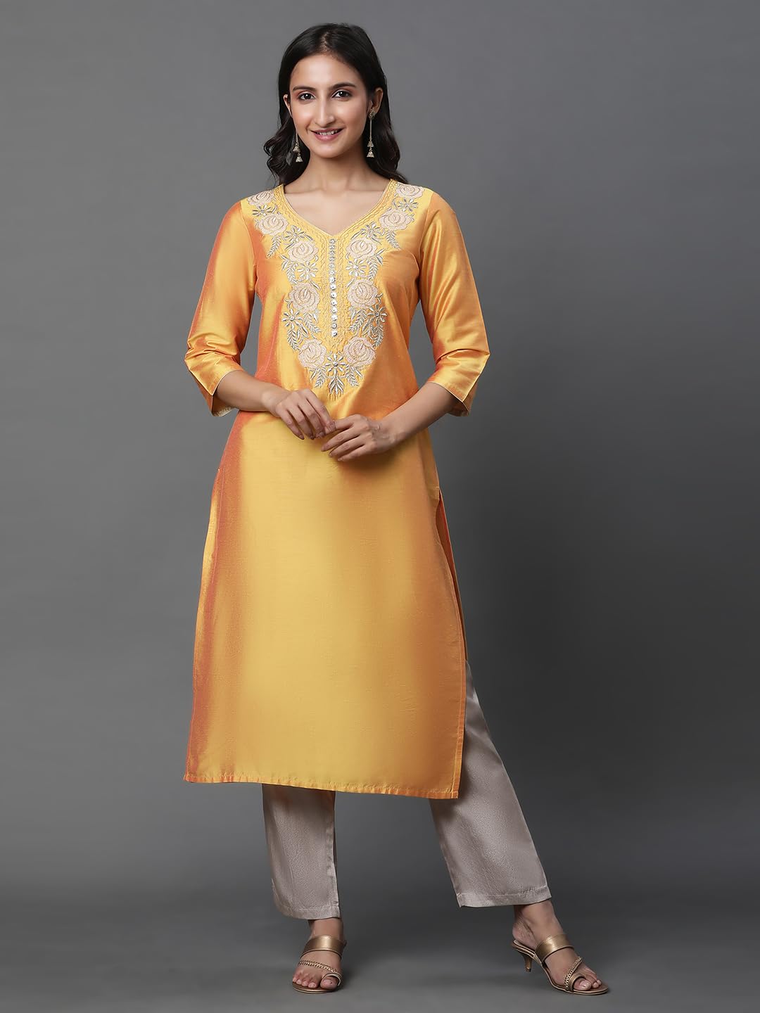 Aurelia Women Mustard Yellow Solid Solid Viscose Poly Straight Kurta