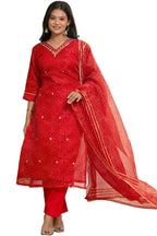 ANNI DESIGNER Womens Rayon Viscose Straight Bandhej Printed Kurta with Pant and Dupatta (SILPIKA RED_S_RED_Small)