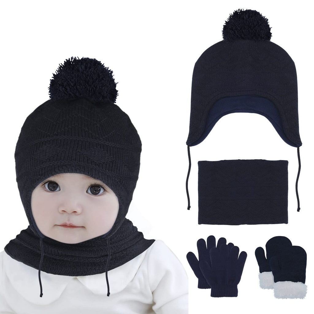 Hicdaw 6PCS Toddler Winter Hats and Baby Mittens Gloves Neck Warmer Set Baby Winter Hat Scarf Gift for Kid Boys Girls(Navy)