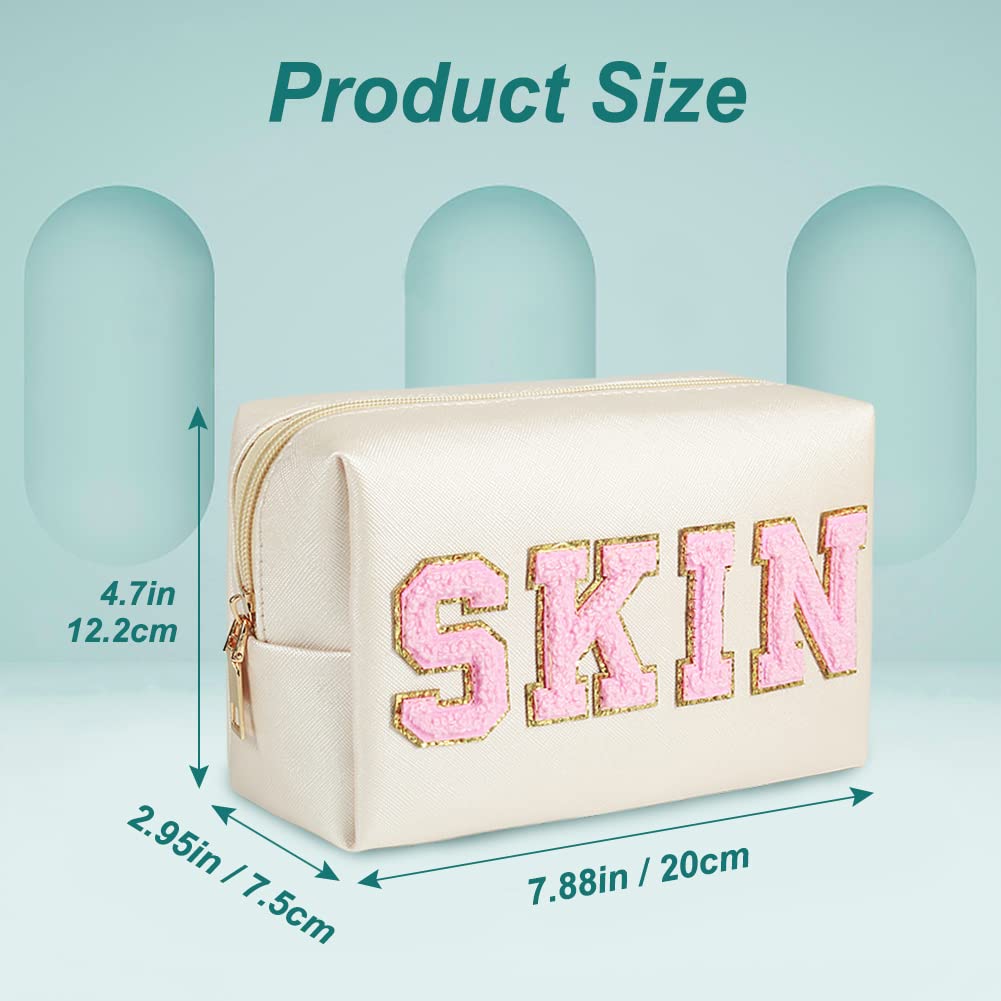 JOINDO Skin Makeup Bag, Skin Care Cosmetic Toiletry Bag, Preppy Makeup bag,Portable Makeup Zipper Pouch Storage Purse, PU Leathe