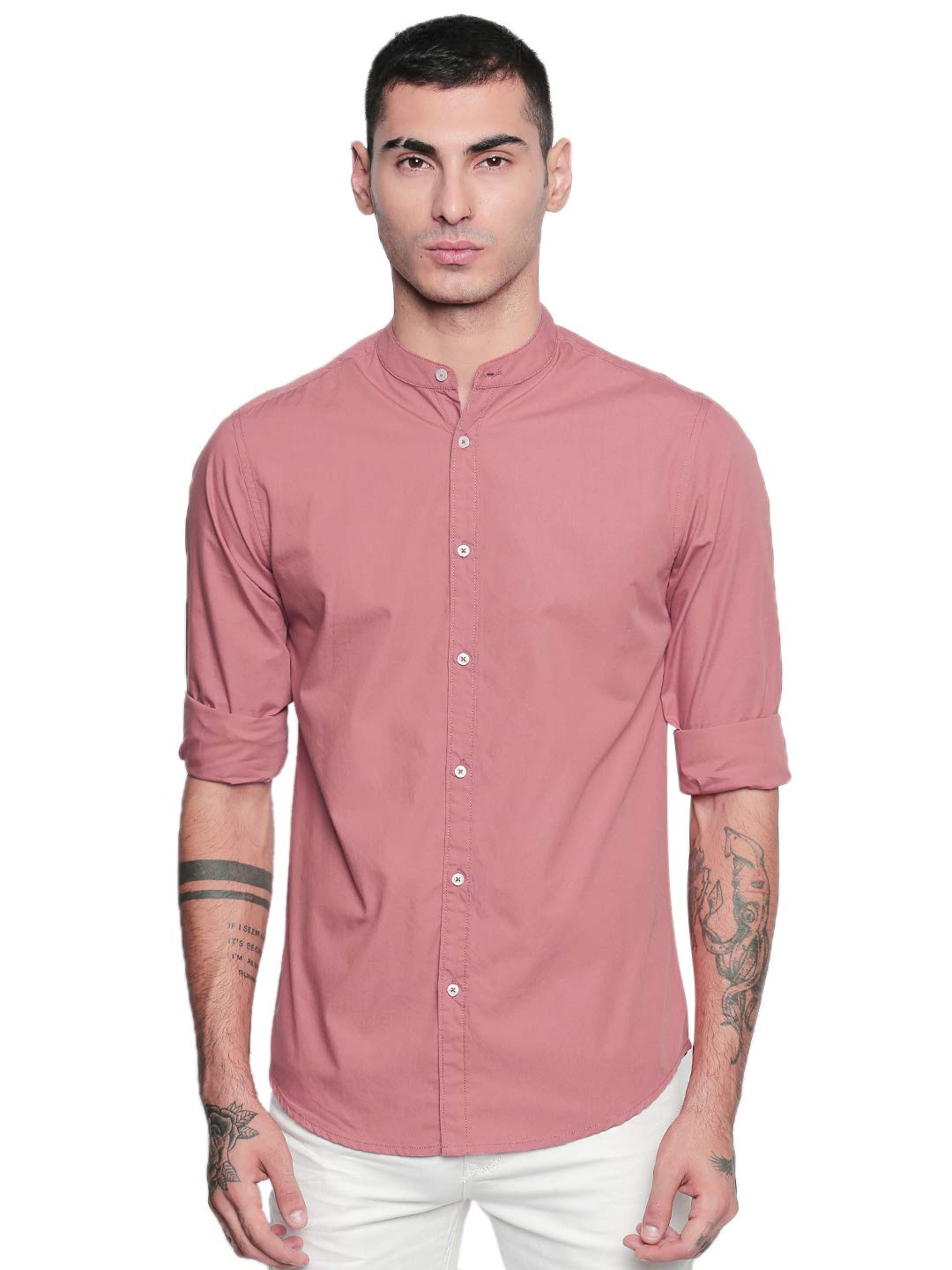 Dennis Lingo Men s Solid Chinese Collar Dusty Pink Casual Shirt (CC201_Dusty Pink_XXL)