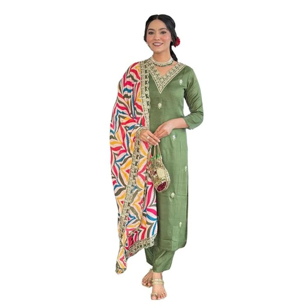 Naixa WomenS Pista Viscose Embroidered Straight Kurta With Viscose Pant And Silk Blend Printed Dupatta Sets (Nx-467-Pista-S)