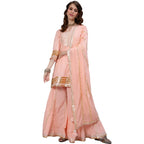 Ishin Women'S Peach Embroidered Short Straight Kurta Set With Sharara And Dupatta