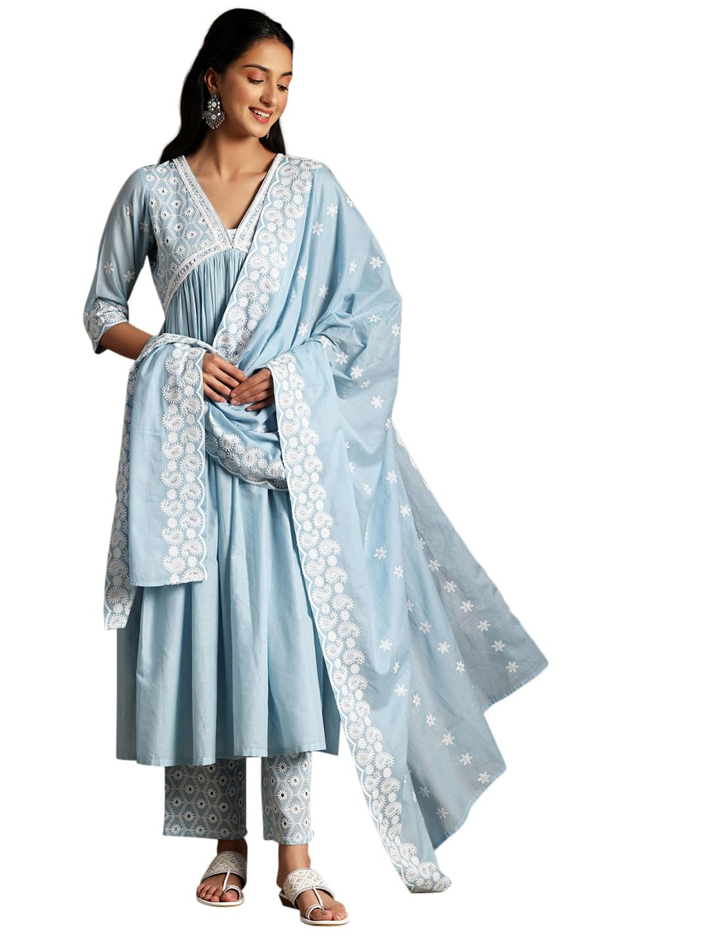 Libas Womens Embroidered Cotton A-Line Kurta With Palazzos And Dupatta
