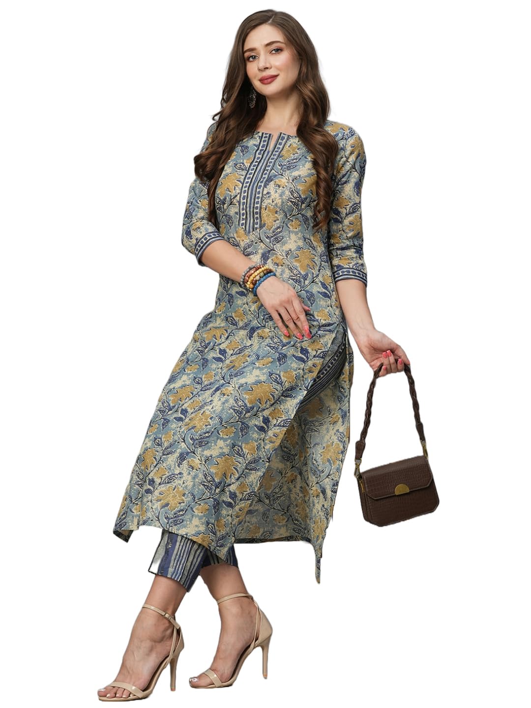 ANNI DESIGNER Women's Cotton Blend Straight Printed Kurta with Pant Set (Prachi Blue_L_Blue_Large)