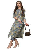 ANNI DESIGNER Womens Cotton Blend Straight Printed Kurta with Pant Set (Prachi Blue_M_Blue_Medium)
