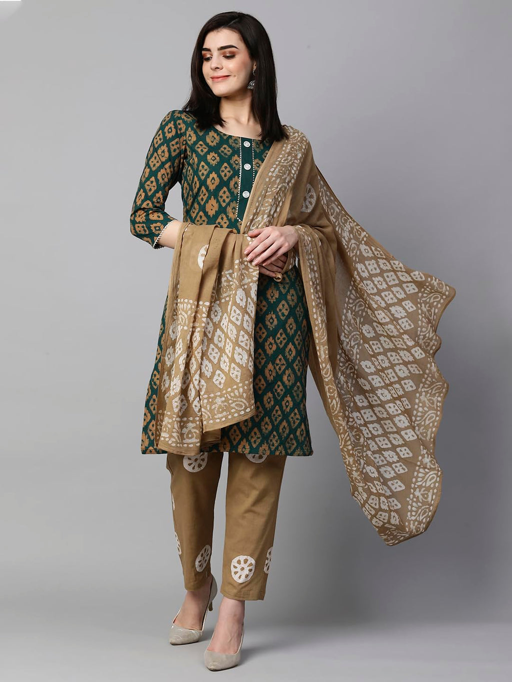 ANNI DESIGNER Ladies Cotton Blend Kurta with Trousers and Dupatta, green, M