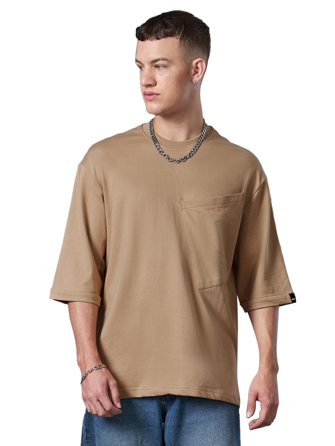 Bewakoof Mens Solid Super Loose Fit Half Sleeve Round Neck Terry T-Shirt 597313 Brown_XL