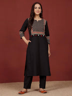 Varanga Women Jaipuri Ethnic Printed Yoke Straight Kurta Black
