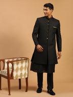 VASTRAMAY Mens Black Viscose Sherwani Set