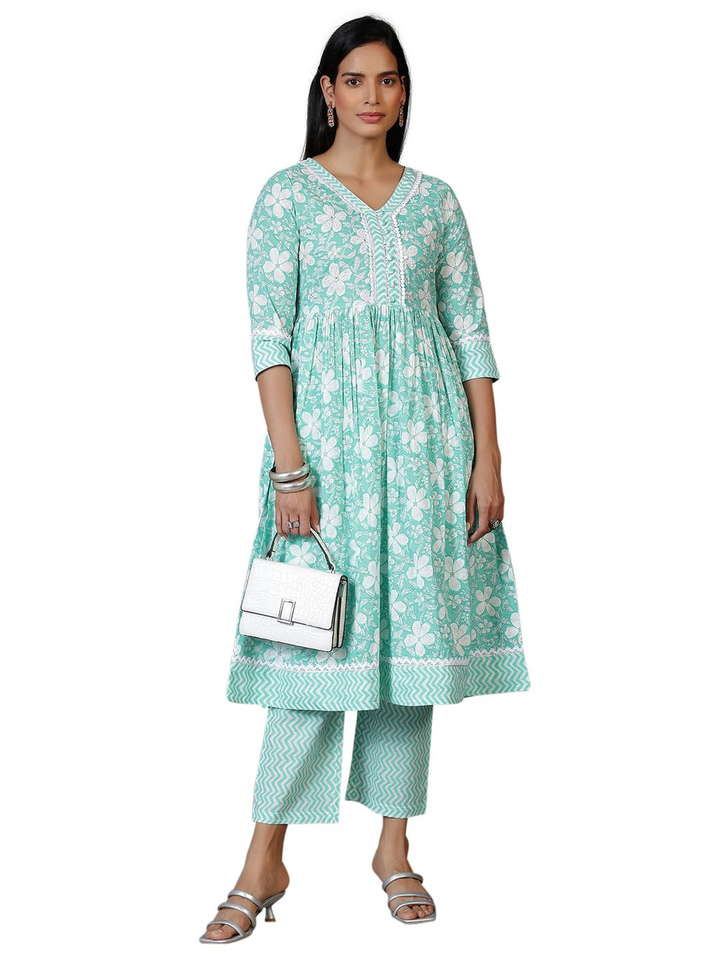 Libas Green Printed Cotton Anarkali Kurta With Trousers