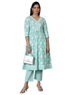 Libas Green Printed Cotton Anarkali Kurta With Trousers
