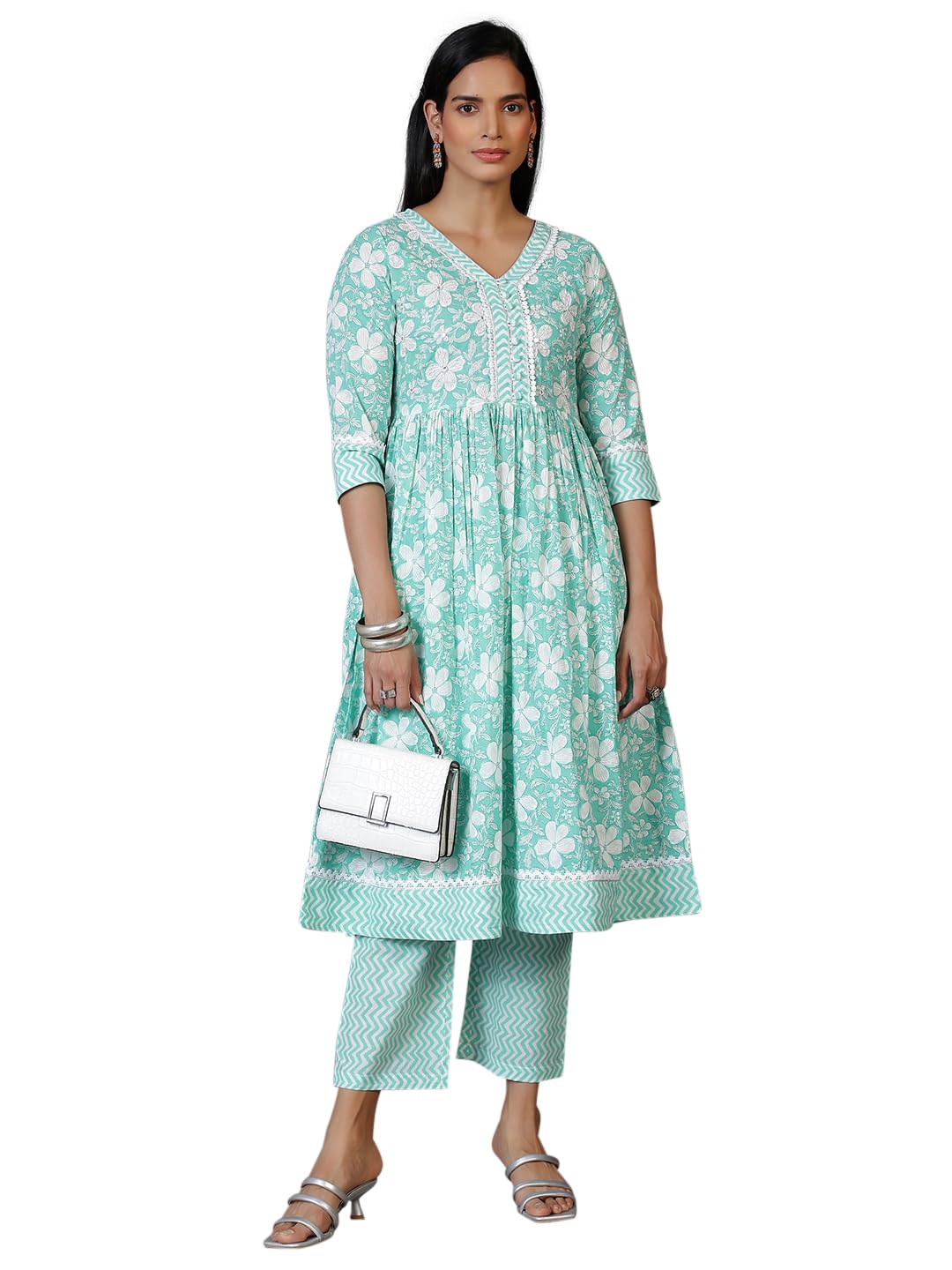 Libas Green Printed Cotton Anarkali Kurta With Trousers