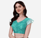 Vihu Fashion WomenS V Neck Orgenza Three Layer Ruffle Sleeve Frill Readymade Saree Blouse