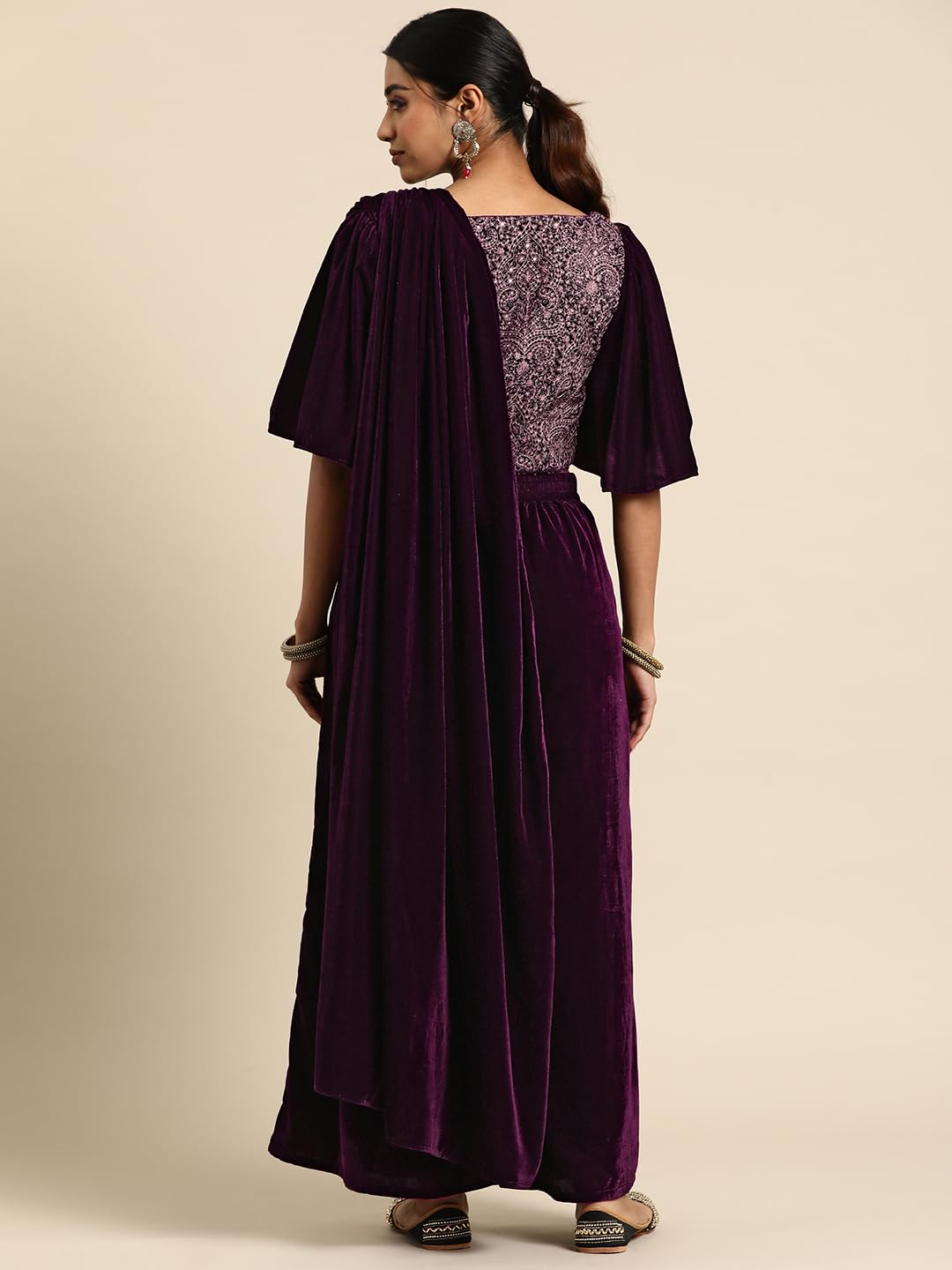 Libas WomenS Velvet Saree (34768_Wine)