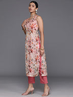 Varanga Women Beige & Pink Floral Printed V-Neck Sleeveless Straight Kurta Paired With Tonal Bottom
