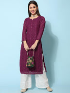 Gufrina WomenS Georgette Straight Kurta Palazzo With Notch Neck 3/4Th Sleeves Solid Pattern Chikankari Work Calf Length And Reg