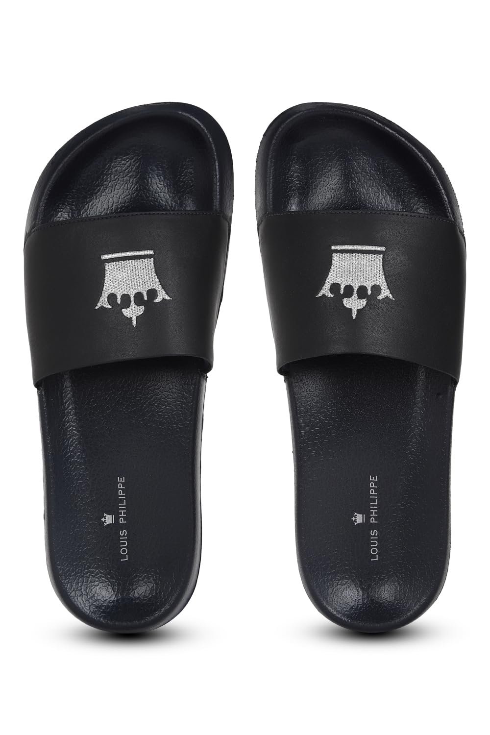 Louis Philippe Men Black Logo Thread Embroidered Sliders Euro- 40