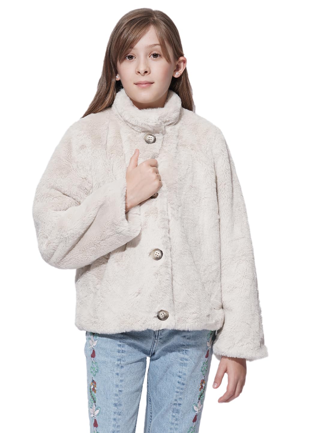 Vero Moda Girl Solid Polyester Blend Relaxed Fit Off White Fur Jacket