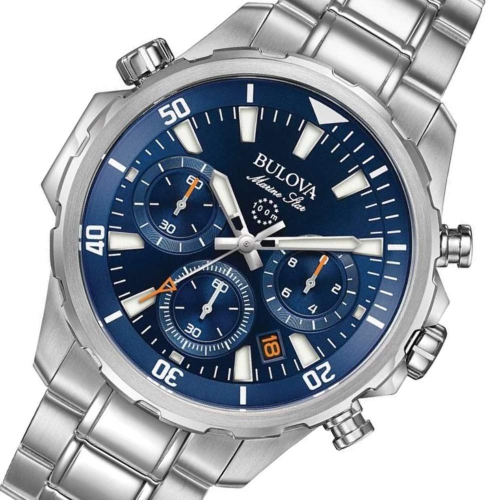 Bulova Men's Marine Star Series B Stainless Steel 6-Hand Chronograph Quartz Watch, Blue Dial Style: 96B256