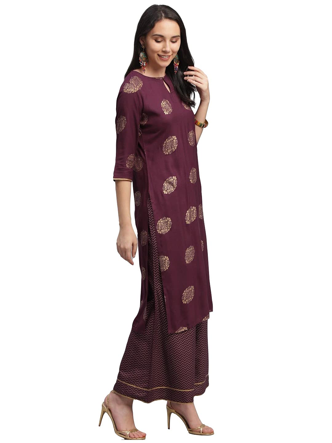 ANNI DESIGNER Womens Rayon Straight Kurta with Palazzos & Dupatta (Ayesha_L_Wine_Large)