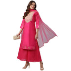 ANNI DESIGNER Women's Cotton Blend Straight Solid Kurta with Palazzo & Dupatta (with Rani_XXL_Rani_XX-Large)