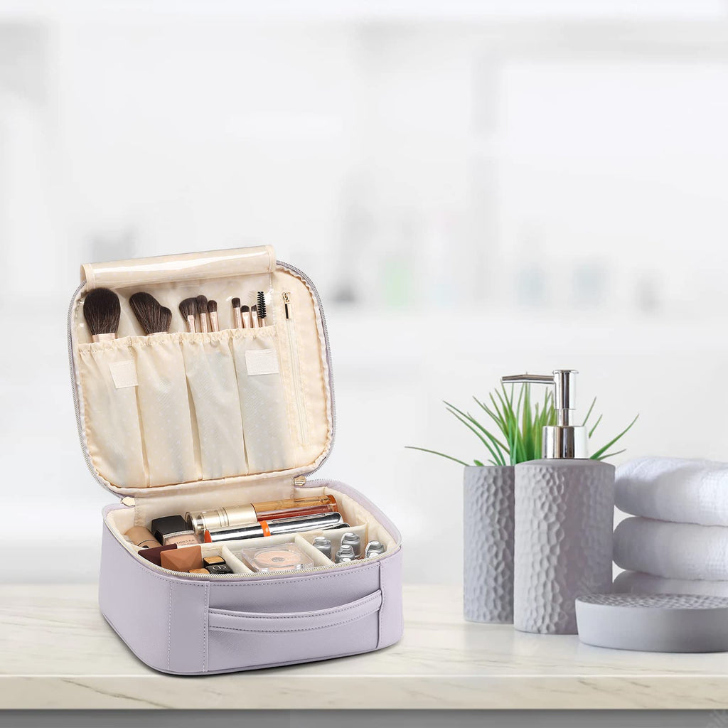 Vlando Makeup Bag Travel Cosmetics Bag Faux Leather Make up Bag Portable Artist Storage Bag with Adjustable Dividers for Cosmeti
