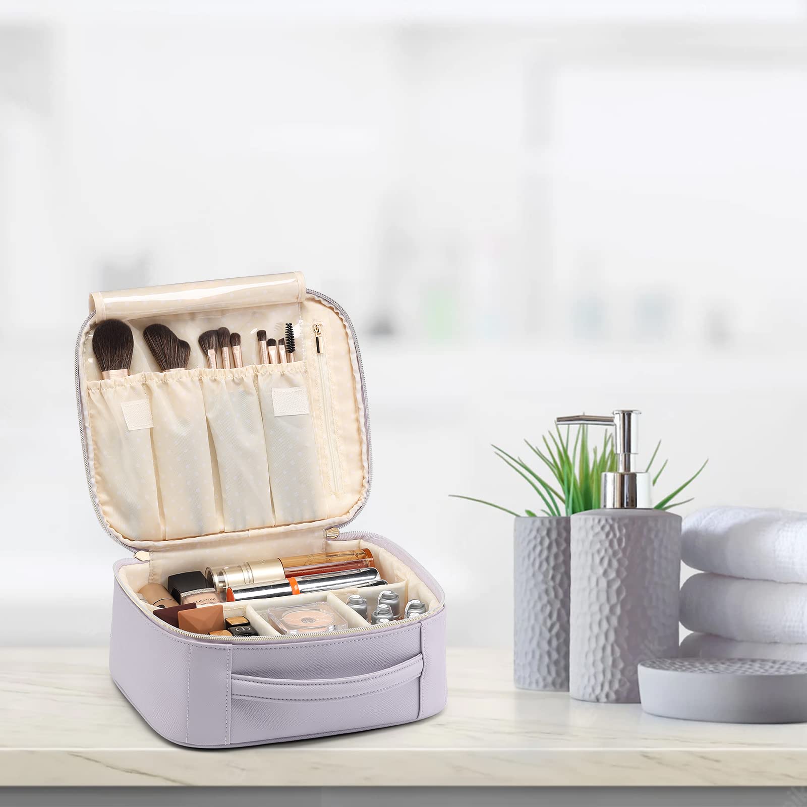 Vlando Makeup Bag Travel Cosmetics Bag Faux Leather Make up Bag Portable Artist Storage Bag with Adjustable Dividers for Cosmeti