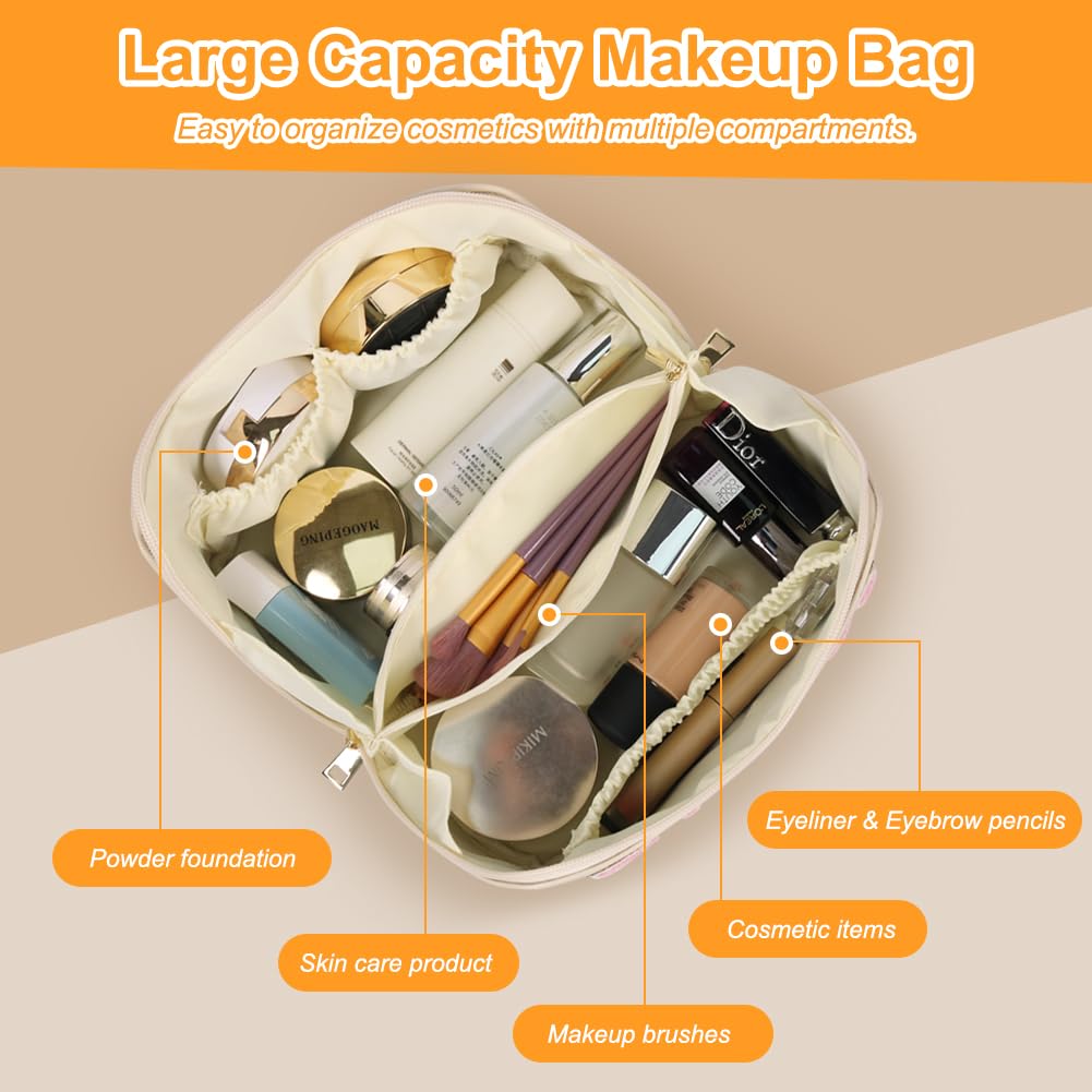 JOINDO Large Capacity Travel Cosmetic Bag, Chenille Letter Preppy Makeup Bag, PU Leather Open Flat Toiletry Bag Organizer with D