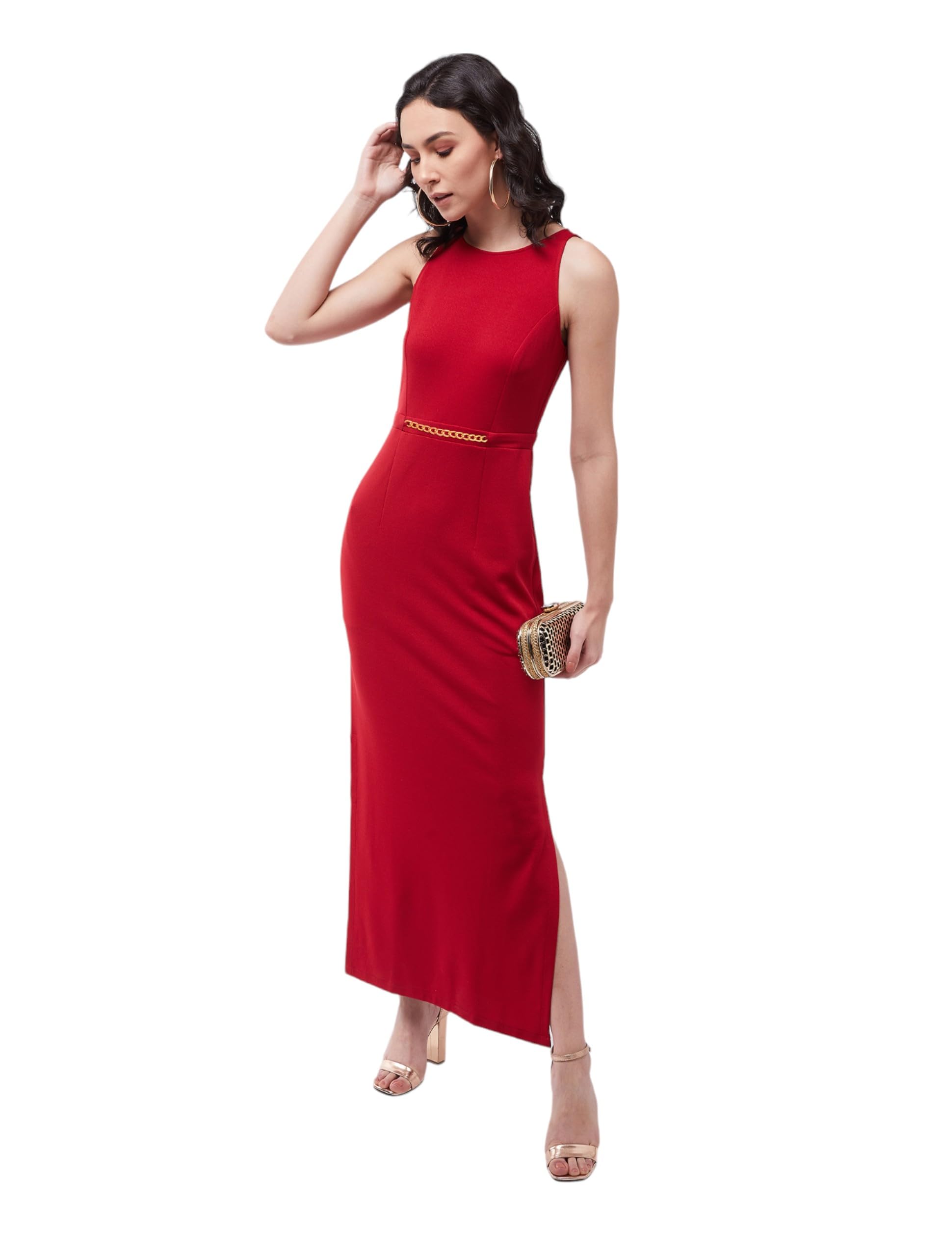 Miss Chase WomenS Cherry Red Solid Slim Fit Round Neck Sleeveless Maxi Dress (Mcss21D14-73-606-06,Cherry Red,Xl)