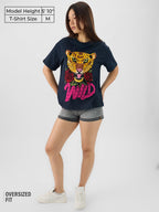 The Souled Store Wild Women and Girls Short Sleeves Round Neck Applique Patch Cotton Oversized T-Shirts Blue