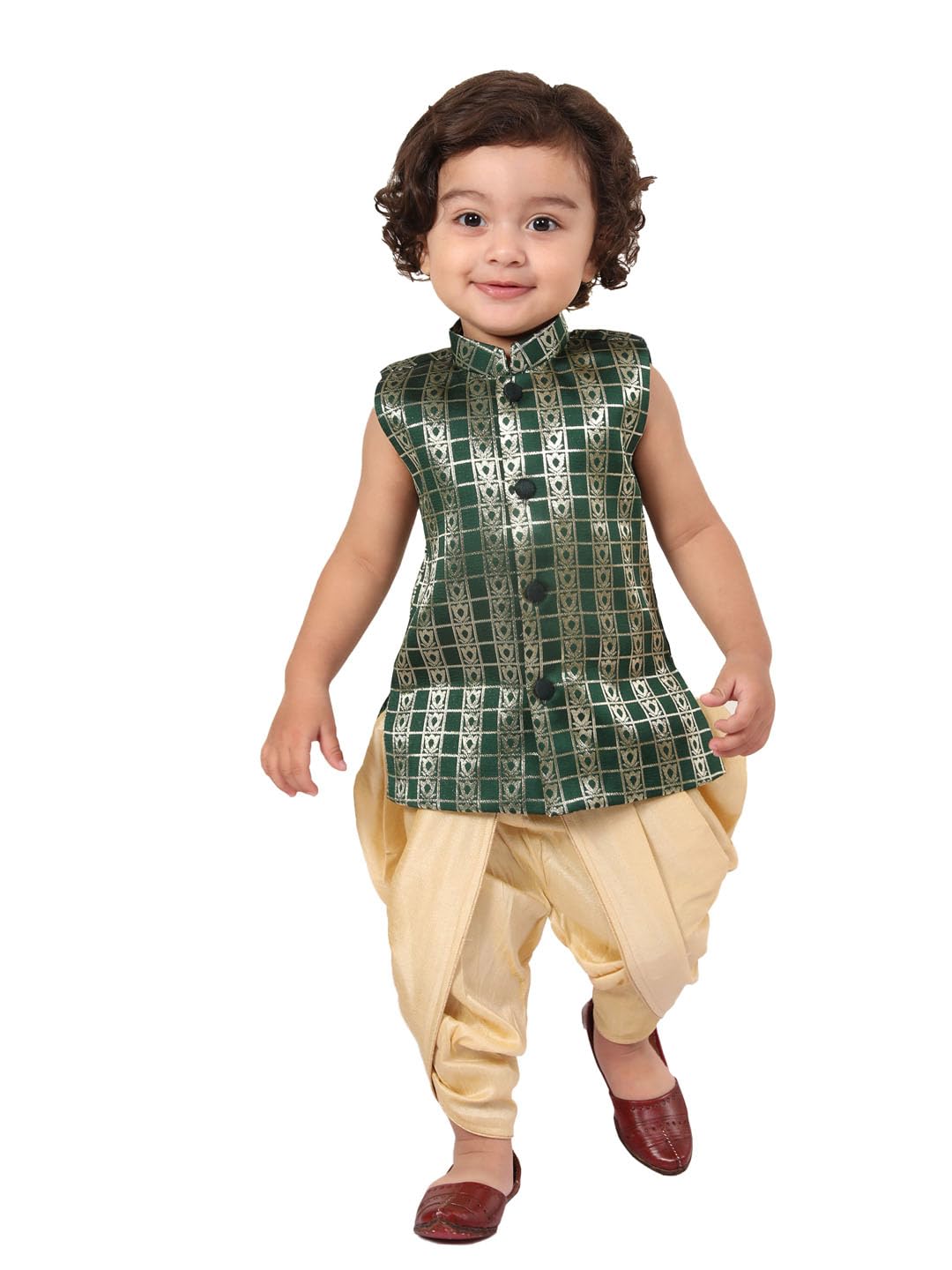 Jbn Creation Infant Boys Green And Gold Silk Blend Kurta And Dhoti Set