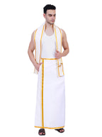 PRAKASAM COTTON Mens White Colour Zari Cotton Welcro Pocket Dhoti with Matching Towel-(Size 34)