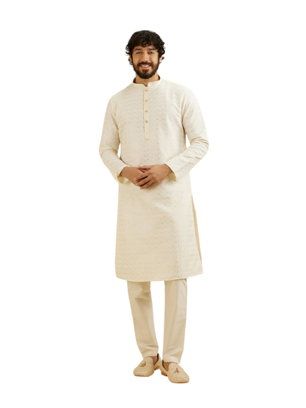 Manyavar Mens Chikankari Sequined Embroidered Kurta Set (Cream,XXL)