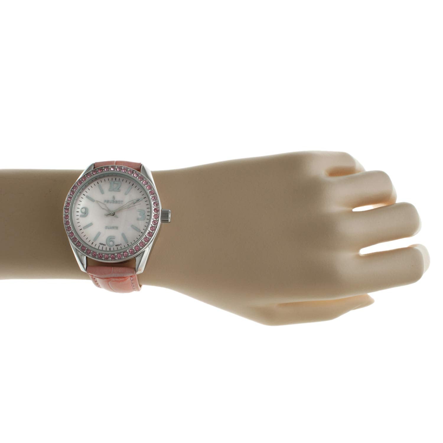Peugeot Women's Boyfriend Large Face Case Dress Wrist Watch with Swarovski Crystal Bezel & Thick Leather Strap Band
