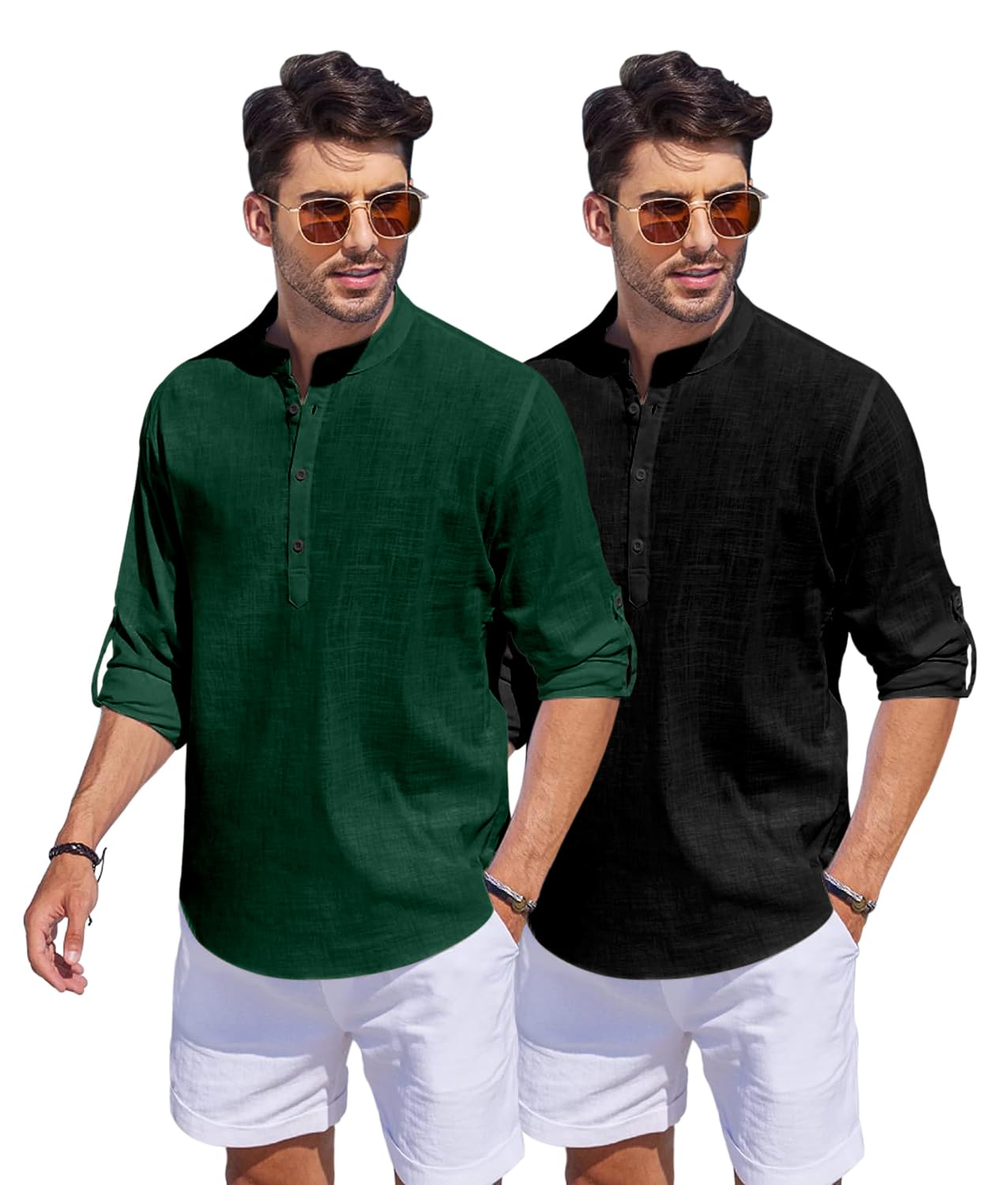 Hemrin Combo Of Men Solid Cotton Blend Straight Kurta Shirt Pack Of 2