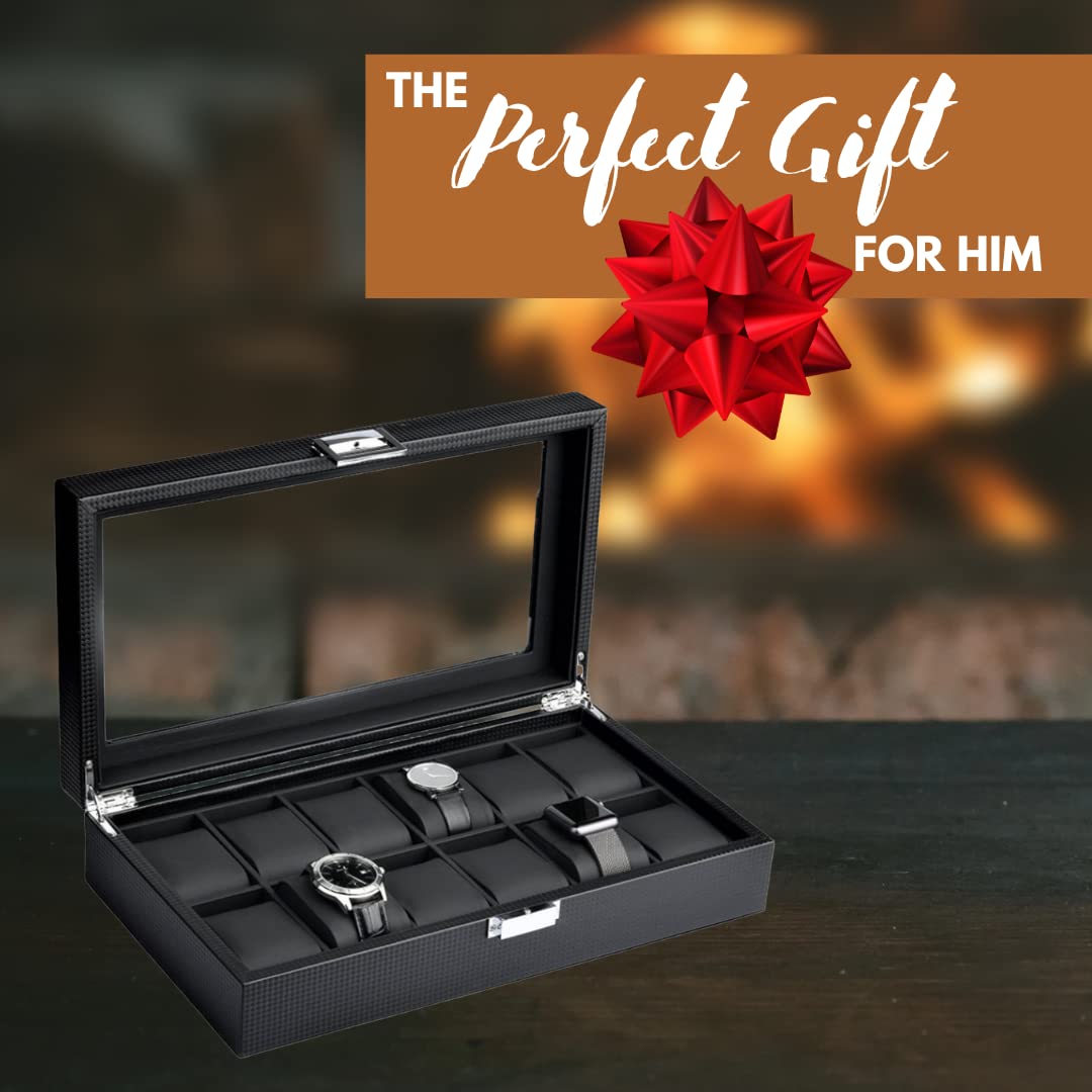 Mantello Watch Box - 12 Slot Watch Cases for Men- Watch Case with Large Glass Top - Watch Box Organizer for Men (Black)