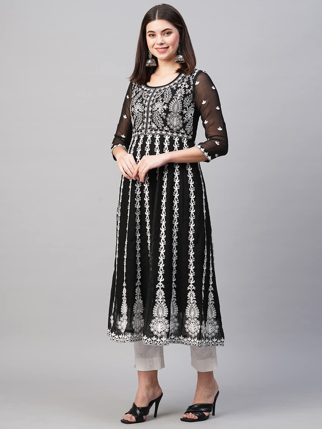 ANNI DESIGNER Womens Georgette Chikankari Embroidered Anarkali Kurti (Naav Black-Nw2_L_Black_Large)