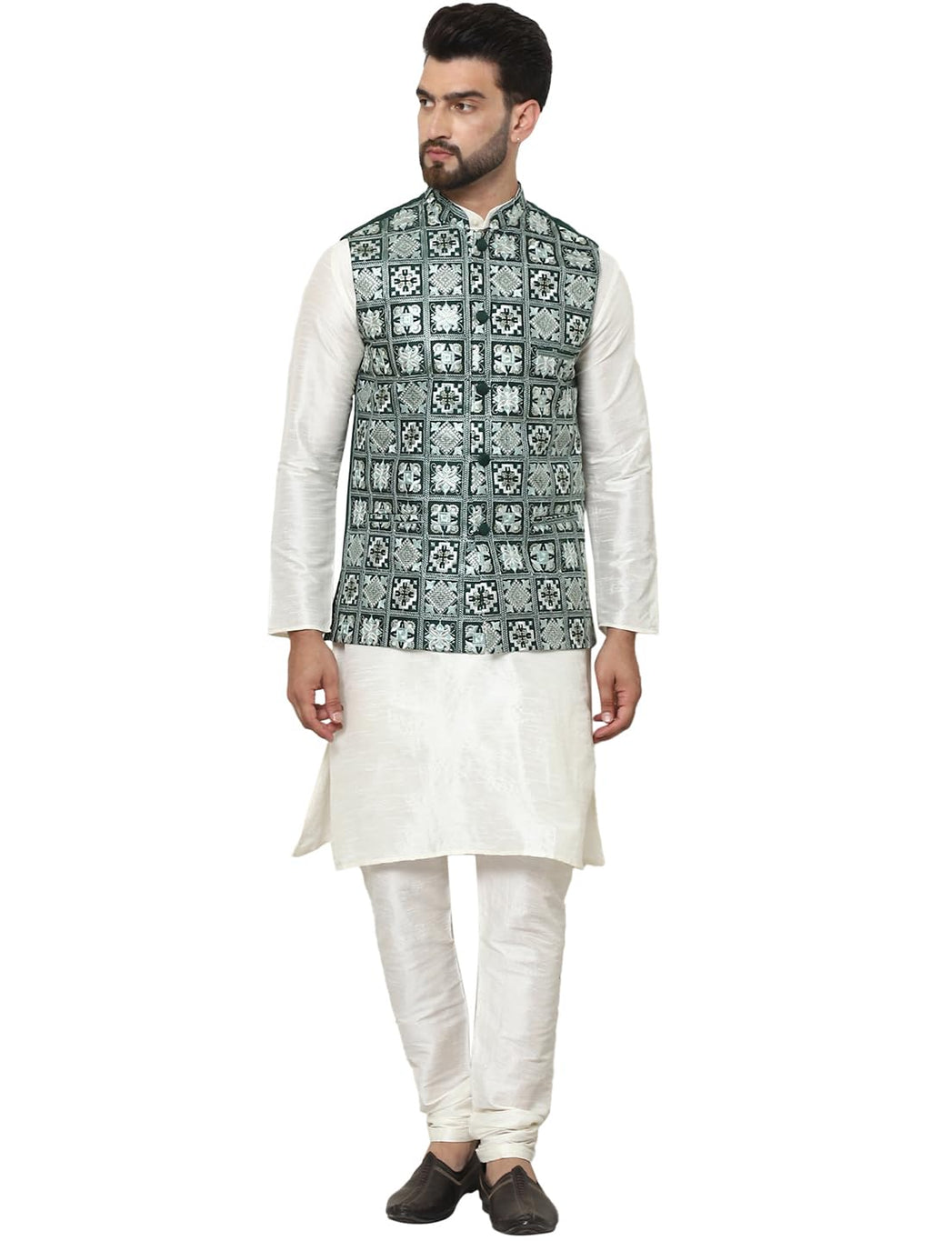 SOJANYA (Since 1958 Mens Silk Blend Solid Cream Kurta Pyjama With Embroidered Green Nehru Jacket