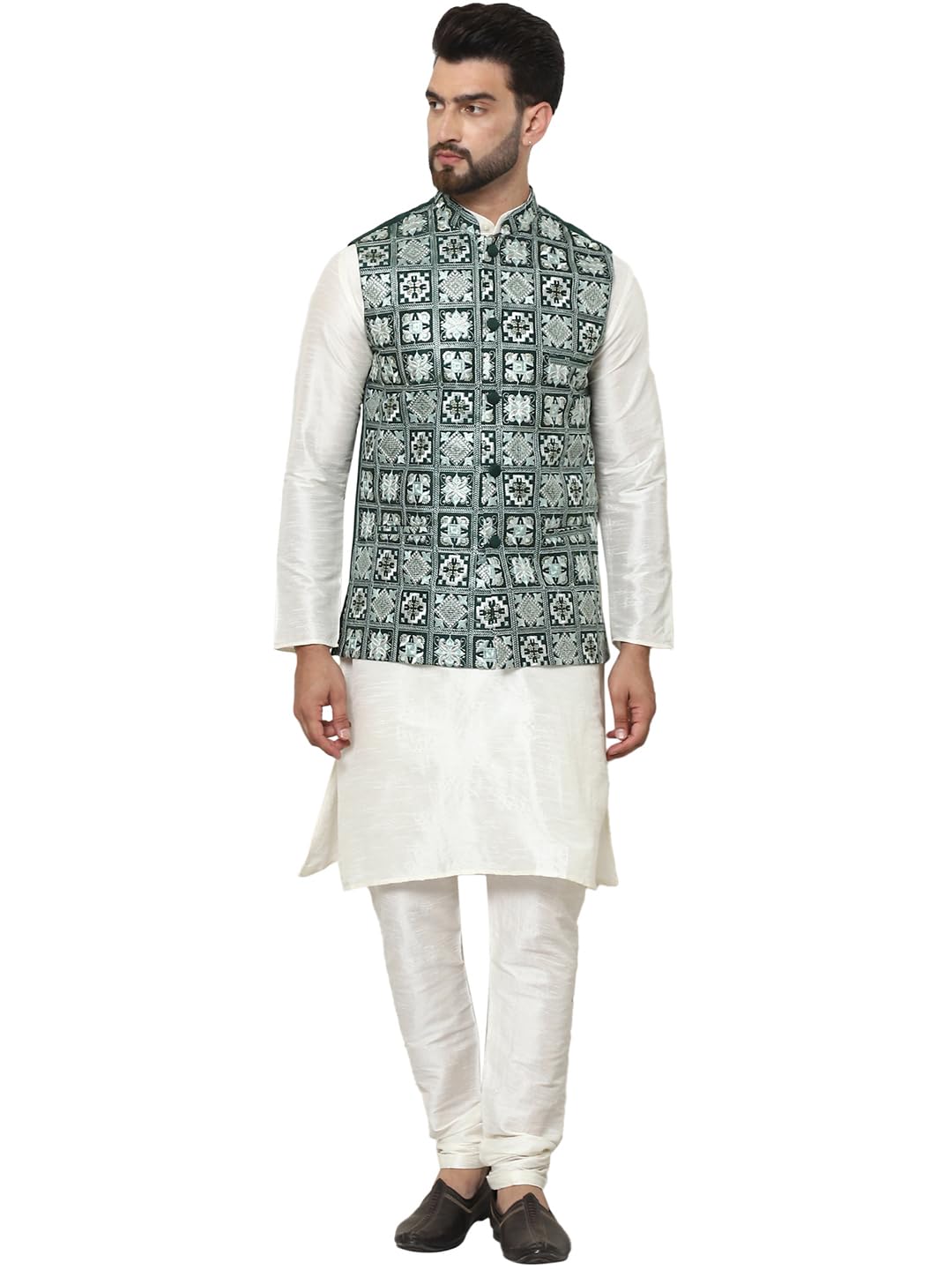 SOJANYA (Since 1958 Mens Silk Blend Solid Cream Kurta Pyjama With Embroidered Green Nehru Jacket