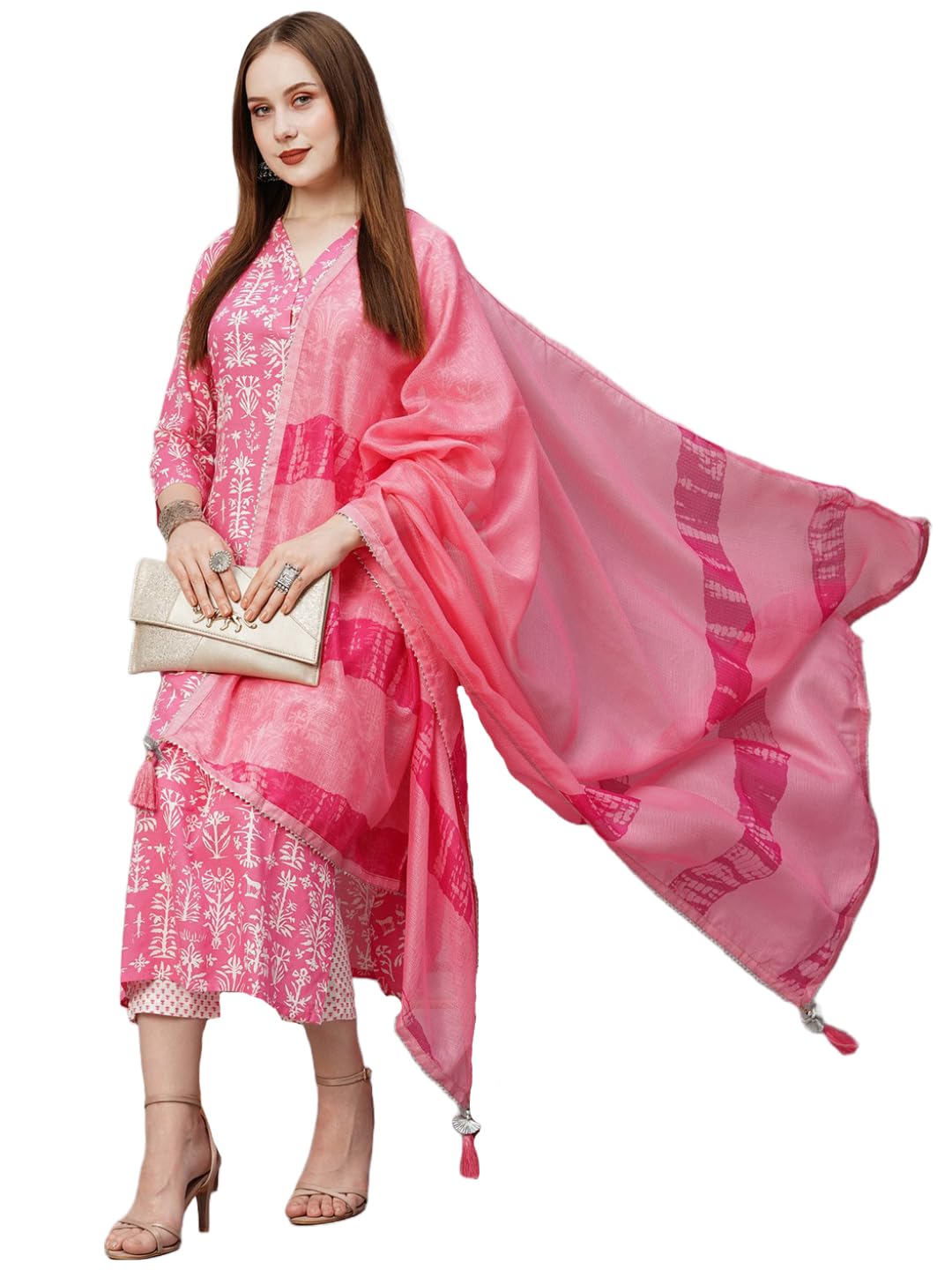 Gosriki Women'S Cotton Blend Floral Printed Straight Kurta With Pants & With Dupatta (Bagru-Pink-Nw-Gs_Xl_Pink_X-Large)