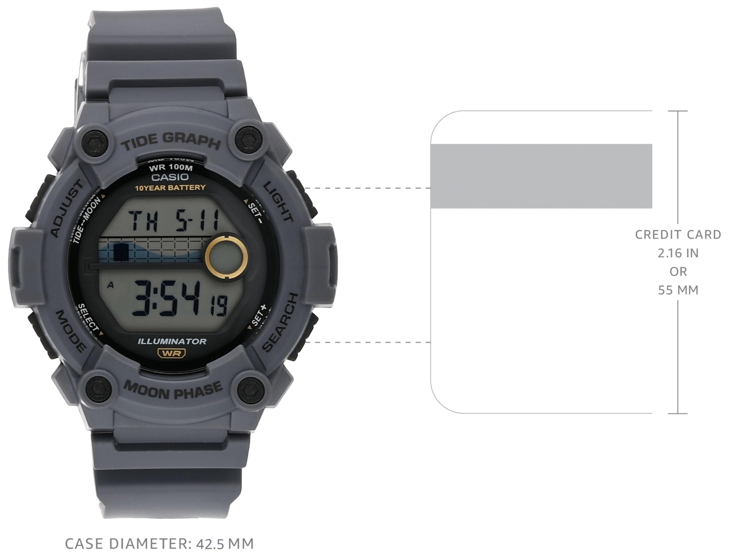 Casio Tide Graph Moon Phase Men's Sports Watch w/Illuminator (Model WS-1300H-8AV Gray)