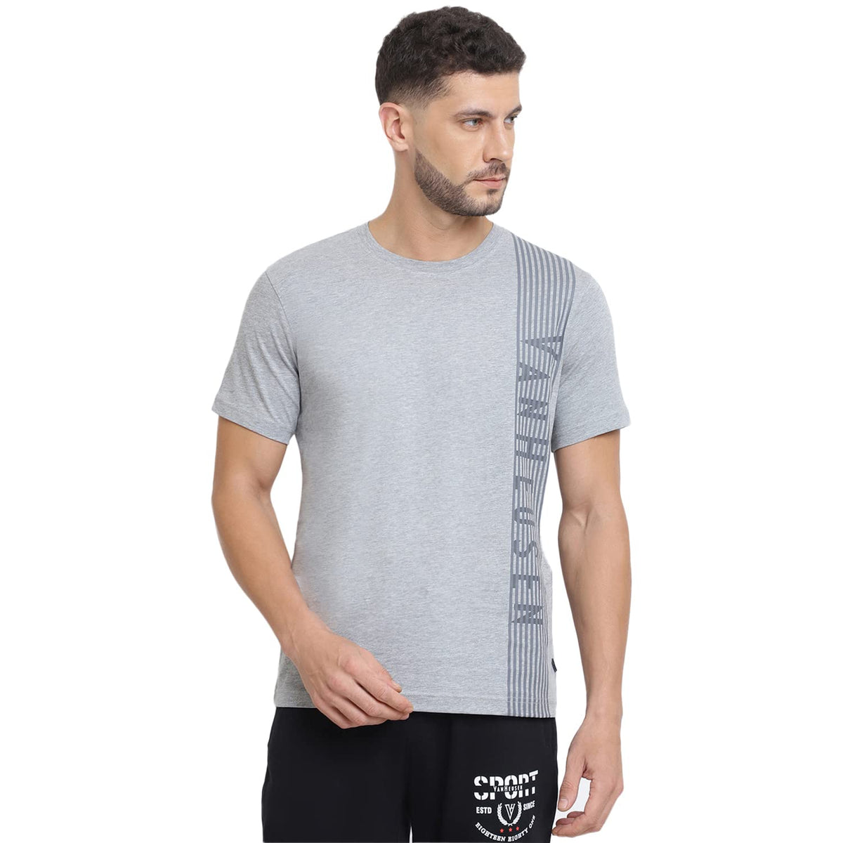 Van Heusen Athleisure Men TShirt  Cotton Rich  Ultra Soft, Crew Neck, Short Sleeve_60044_Grey Melange_M