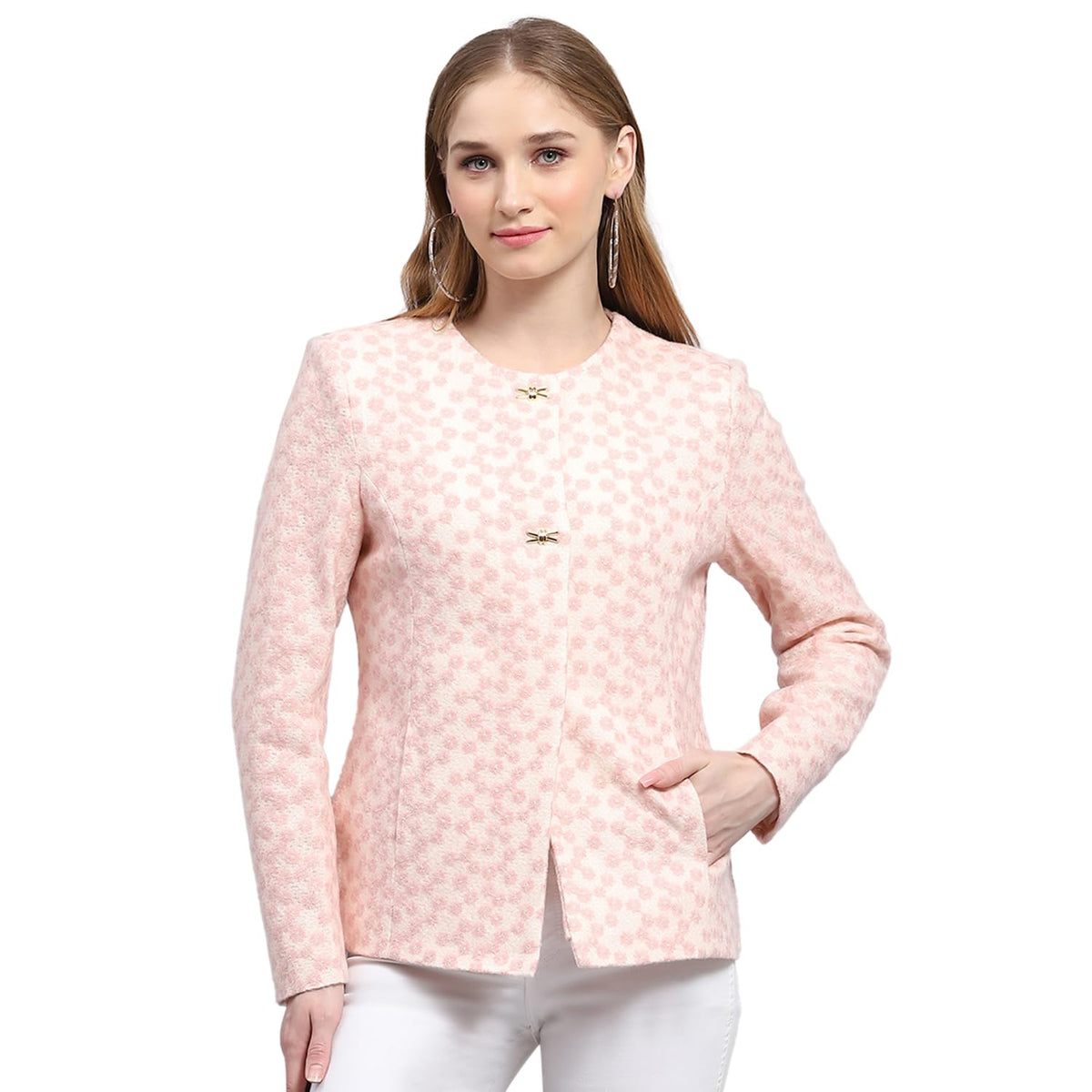 Monte Carlo Womens Embroidered Pink Round Neck Full Sleeve Coat (224067306144) 3